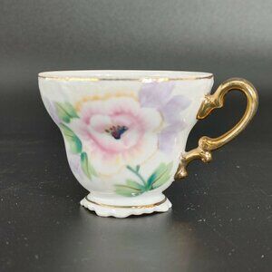 Vintage White Pink Floral Porcelain Golden Rim Footed Tea Cup With Handle